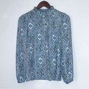 Loft Petite Floral Mock Ruffle Neckline Long Sleeve Mixed Media Top